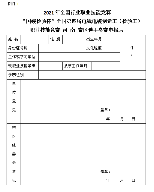 2021年河南赛区电线电缆制造工（检验工）职业技能竞赛报名通知(图文)